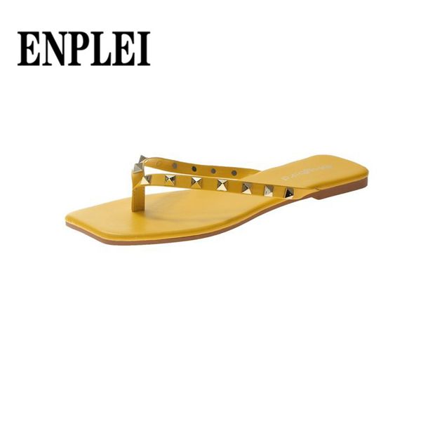 

enplei 2019 fashion new women flip flops female flats rivets sandals casual beach shoes 5 colors size 35-39, Black