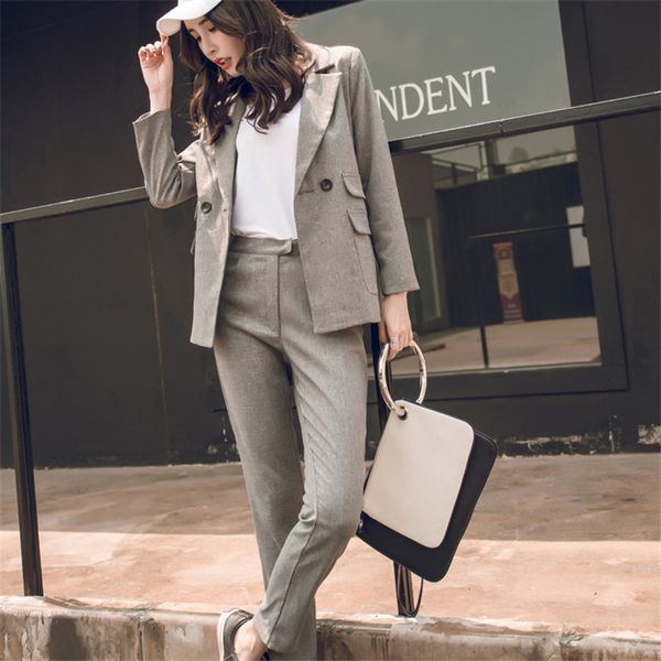 

women suit gray casual blazer & high waist pant office lady notched jacket pant suits korean femme 2 pieces set, White;black