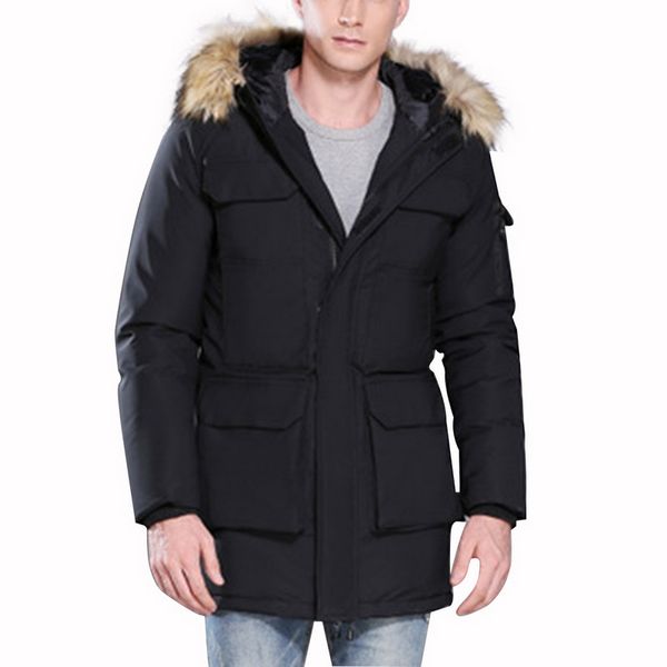 

winter men's down jacket multi-pocket thicken cotton coat large fur collar hooded men's solid color jacket, Tan;black