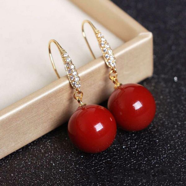 

природные глубоководные органические рубиновые серьги 14k золотые серьги падения женщин красный круглый 14 мм бусины рубин изысканные ювелир, Black