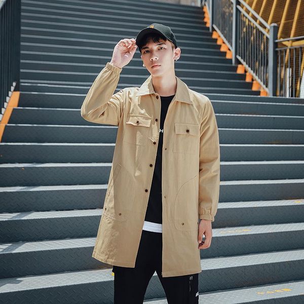 

3xl autumn long sleeve mens vintage trenchcoat plain color single breasted windbreaker trench coat double pockets male xxxl, Tan;black