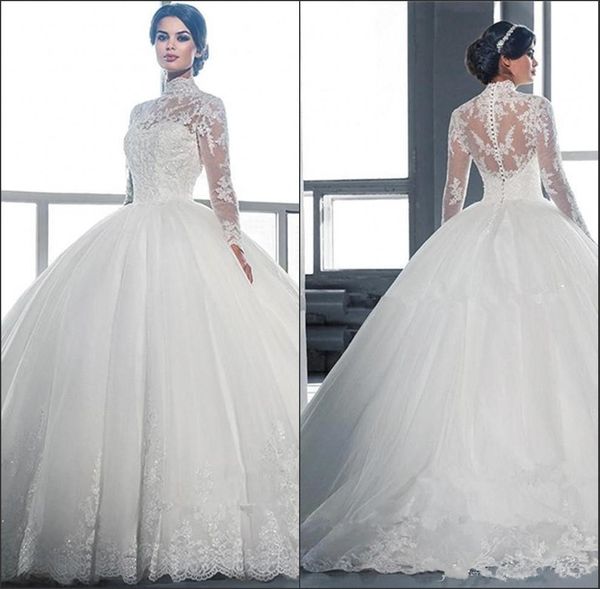 Acheter Robes De Mariée Col Haut En Dentelle De Bal 2019 Vintage Royal Manches Longues Tulle Applique Balayage Train Robes De Mariée Avec Boutons De
