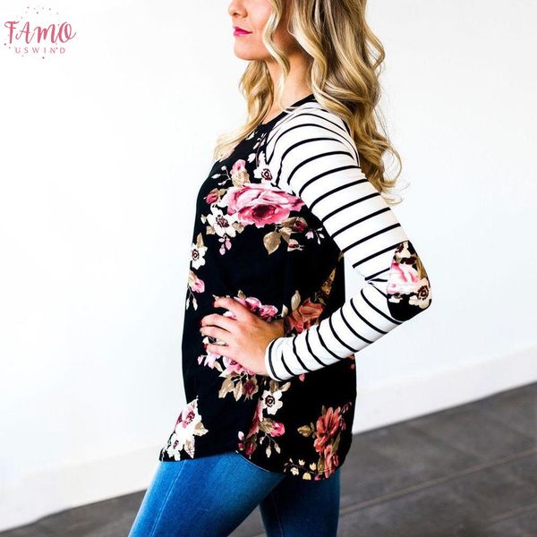 

fall 2019 fashion female t shirt striped sleeve floral elbow patch o neck full long raglan sleeve casual, White