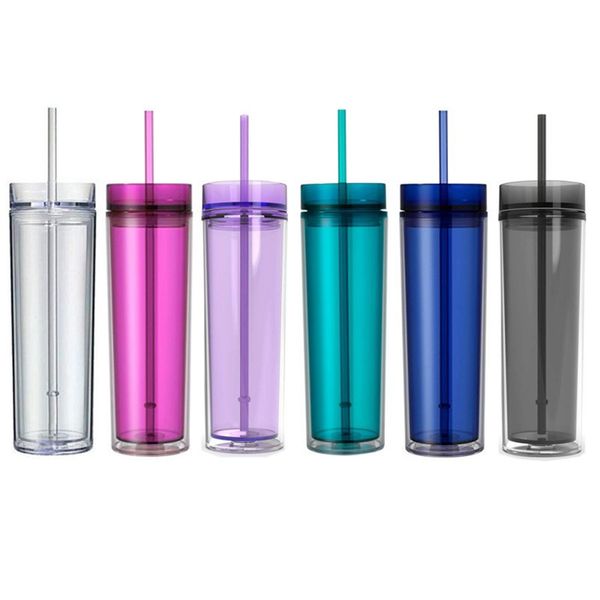 

16oz acrylic tall thin straight cup double plastic straw cup with cover portable fitness drinking cup 480ml t3i5272