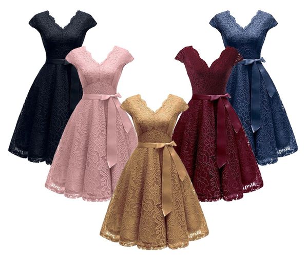 

women's new lace stitching v-neck prom dress capped sleeves ball gown empire pleated homecoming cocktail party dress with long bow-knot, White;black