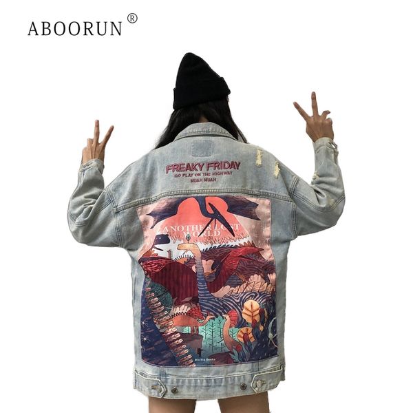 

aboorun men's hip hop ripped denim jacket cartoon animal printed patchwork denim jackets couples chic coat r1215, Black;brown
