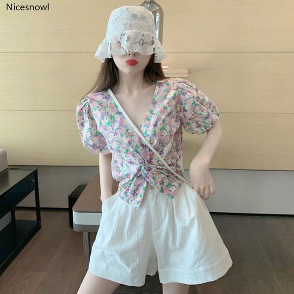 

урожай puff рукавом daisy v-образным вырезом цветочные top сыпучие wide leg шорты костюм, женщина лета вскользь два-piece set kawaii платье, White;black