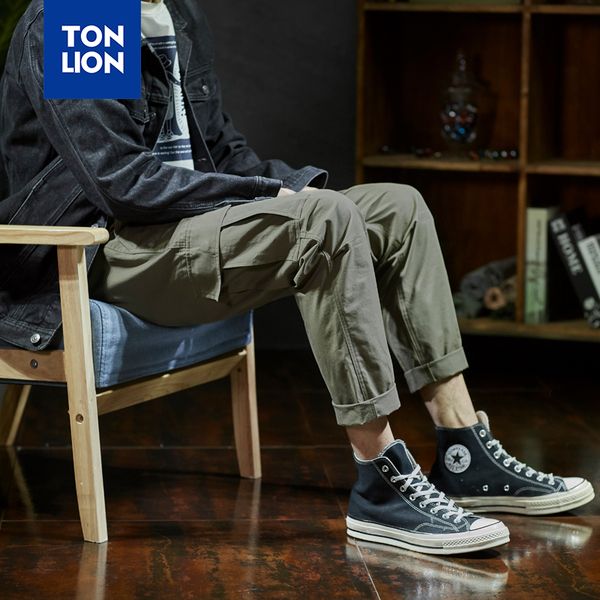 

tonlion сафари стиль брюки-карго мужчины повседневные с карманами полная длина мода грузовые брюки для мужчин armygreen черные весенние брюк, Black