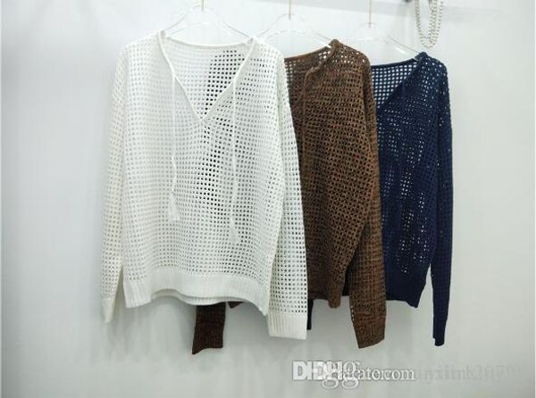 

2020 spring and summer high-quality new style hollow long-sleeved fashion knitted shirt women drawstring bow women, White