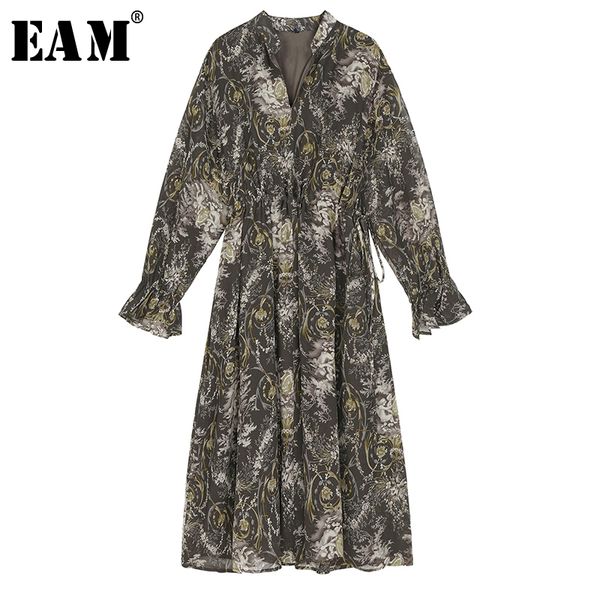 

eam] women gray pattern prined split joint big size dress new v-neck long sleeve loose fit fashion spring autumn 2020 1r541, Black;gray
