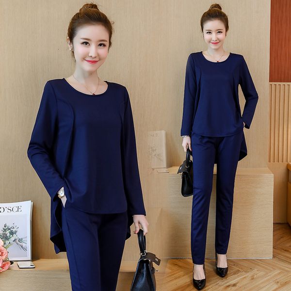 

l 5xl autumn black blue casual women set long sleeve fake two piece pants women suit sets plus size womens costumes, White