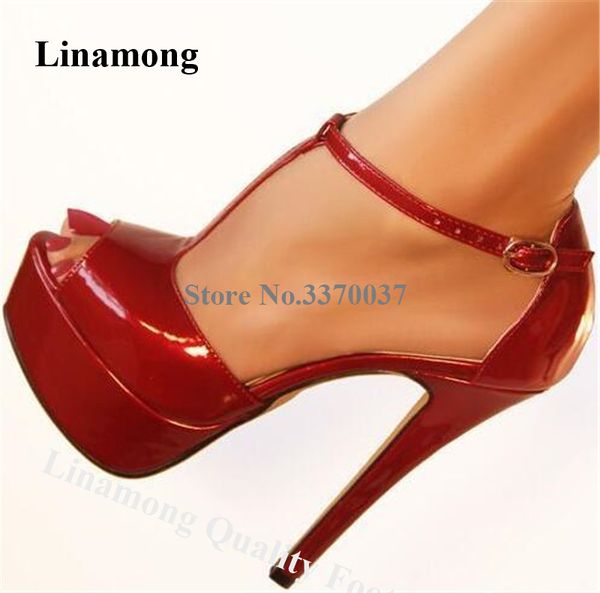 

linamong fashion peep toe patent leather stiletto heel pumps red black high platform t-strap high heels formal dress shoe
