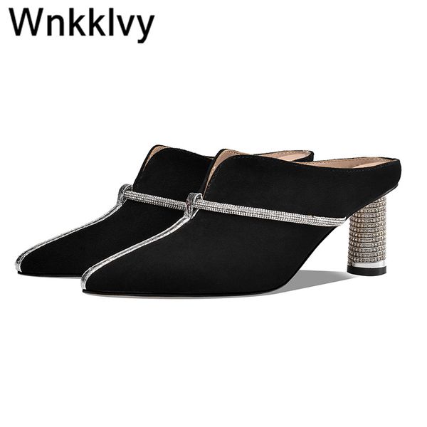 

slippers summer shiny rhinestone high heel woman suede crystal decor pointed toe slingback sandals lazy mulers t-show prom shoes, Black