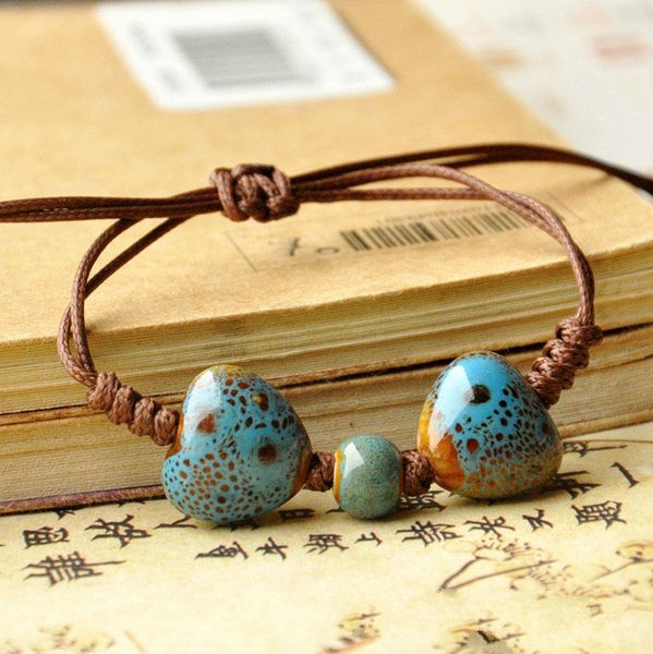 

fashion charm ceramics heart-shaped beads bracelet original design mala bangle handmade amulet jewelry gifts for her women men, Golden;silver