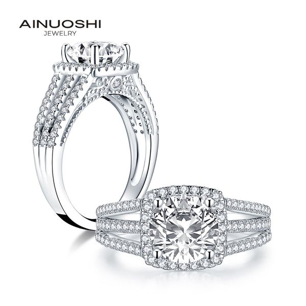 

ainuoshi 925 sterling silver 2.0 ct round cut halo ring engagement simulated diamond wedding silver square rings jewelry, Golden;silver