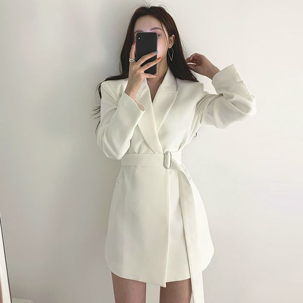 

ewq] solid color straps waist long-sleeved suit coat wild temperament fashion loose plus woman 2019 autumn winter new tc1006, White;black
