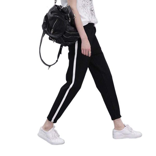 

2020 fashion women side striped harem pants women black casual high waist pants drawstring loose trousers pantalon femme, Black;white