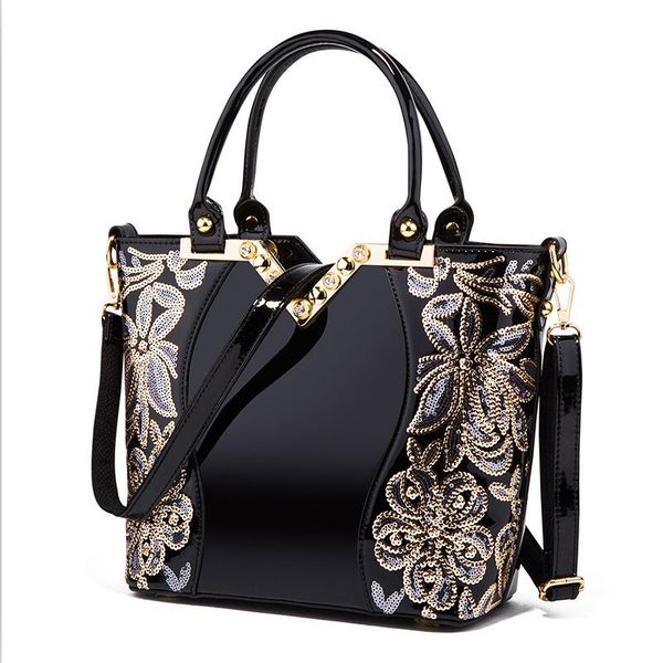 

mother handbag new 2019 high capacity bags women package embroidered bright leather one-shoulder diagonal bag female black blue