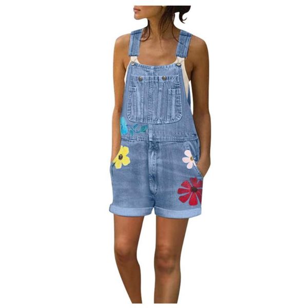 

bib shorts playsuits flower printed blue jeans romper for women's fashion denim bib pants long jeans overalls 2020