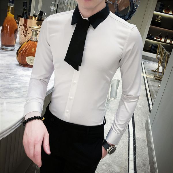 

solid designer madarin slim fit shirt мужчины моды 2020 с длинным рукавом платье рубашка камиза социального streetwear masculina camicie uom, White;black