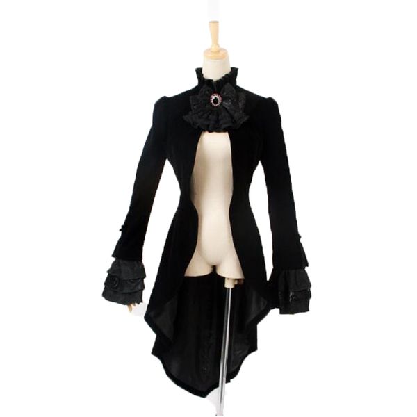 

gothic asymmetric tail coat for females punk retro single button women's jacket winter coat with lace tie dovetail jacket, Black