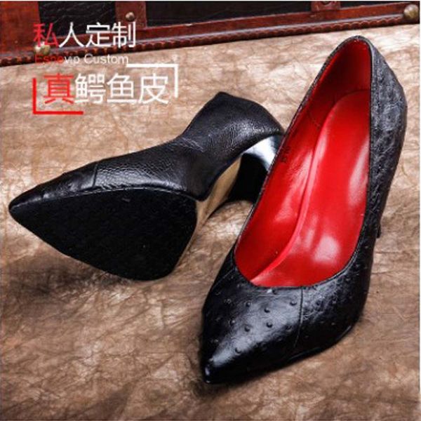 

ourui new true ostrich leather female high heels pink the shallow mouth simple female shoes women shoes, Black