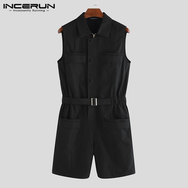 

summer fashion men overalls sleeveless jumpsuit 2020 solid multi-pockets streetwear rompers punk mens trousers with belt incerun, Black