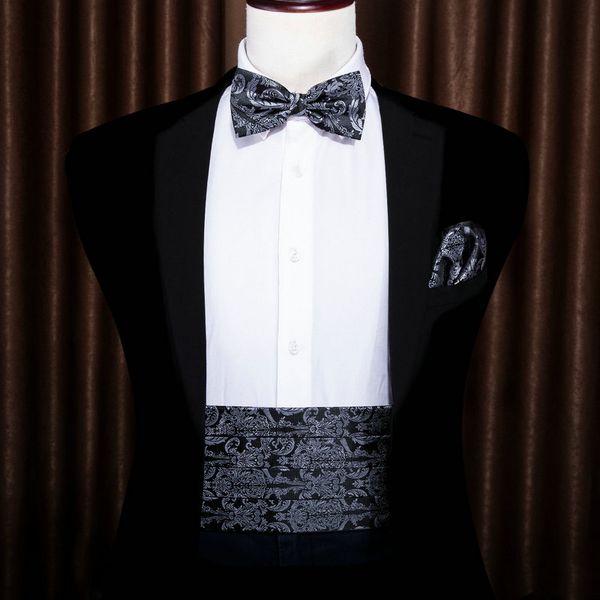 

привет-tie мужские cummerbunds siik черный серый тканый пейсли pattern мода галстук-бабочка hanky ​​набор формальный бизнес свадьба, Silver