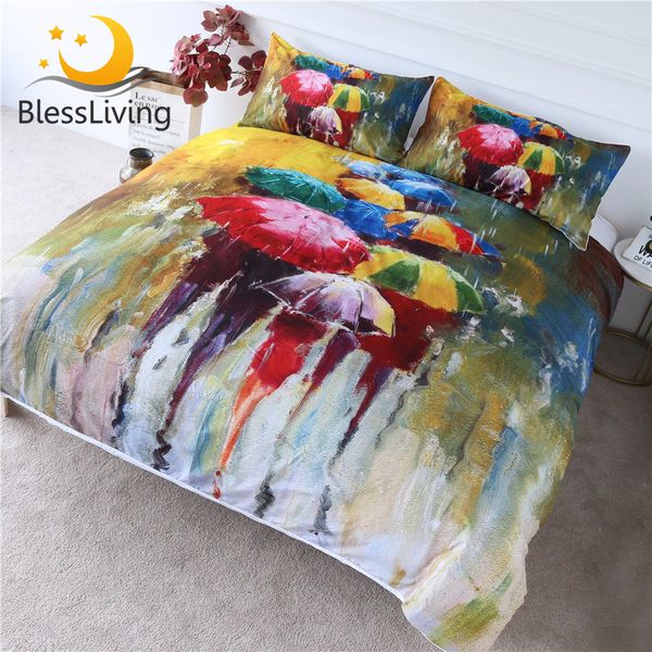 

blessliving colored umbrella bedding set rainy day duvet cover set 3-piece oil painting printed bed cover art bedspreads