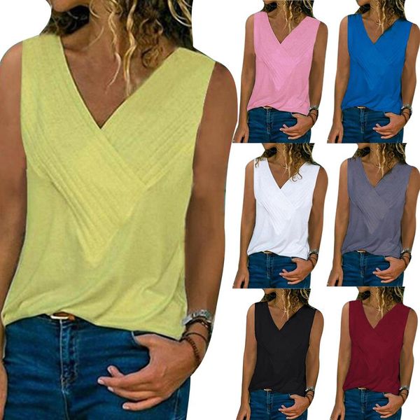 

summer dress casual lady pleated v neck solid color vest sleeveless tank top, White