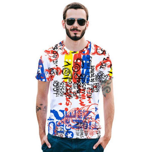 

new men's fashion trend 2019 summer european size t-shirt graffiti art 3d printing large size loose men's short-sleeved shirt, White;black