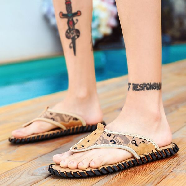 

outdoor 2020 summer leather men flip flops fashion non-slip beach slippers massage sandals comfort casual shoes big size 39-48, Black