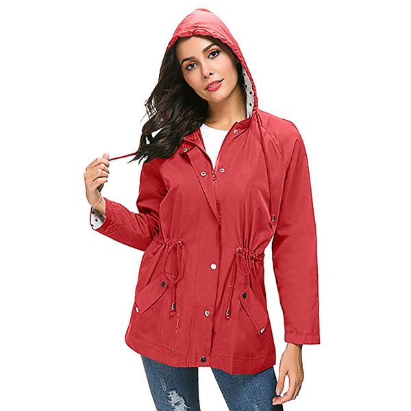 

outdoor sports anti rain waterproof zipper closure camping long sleeve windproof casual women hooded jacket drawstring waist, Blue;black