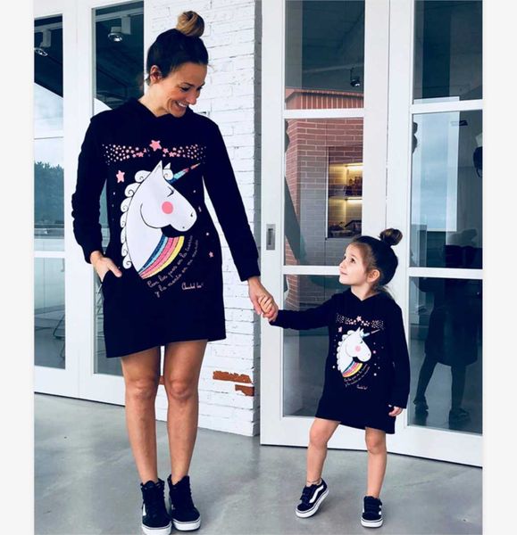 

unicorn sweashirts mother daughter dresses mommy and me hoodies family matching clothes outfits look mom mum and baby girl dress, Blue