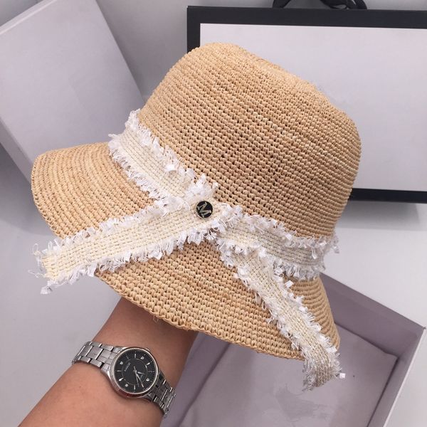 

summer crochet lafite grass basin hat straw fisherman hat holiday beach shading sweet bowknot, Blue;gray