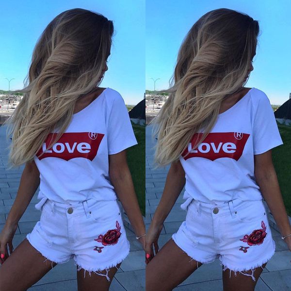 

fashion-size s to 2xl women white t shirt love letter print crew neck short sleeve t-shirt tees clothing ladies