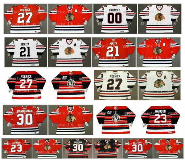 

vintage chicago blackhawks jersey 21 stan mikita 27 jeremy roenick 00 clark griswold 30 murray bannerman 23 stu grimson 30 ed belfour hockey, Black;red