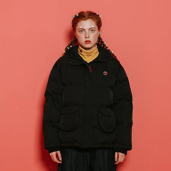

women fashion coat winter parkas coat ladies thick black hooded outerwear cartoon embroidery zipper loose girl overcoat