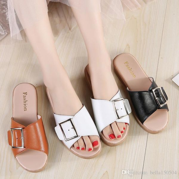 

genuine leather female slippers luxury sandals metal buckle women black colors sandals female summer outdoor beach slippers