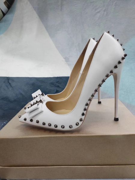 

2020 wedding lady women bowtie spikes white matt leather poined toes high heeled heels stiletto shoes designer pumps, Black