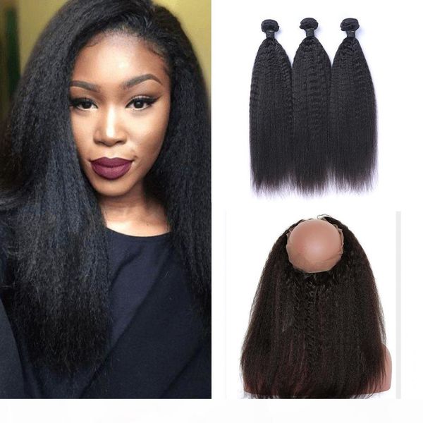 

9a pre plucked brazilian kinky straight human hair weaves with 360 lace band frontal virgin human hair with bady hair 4pcs lot, Black;brown