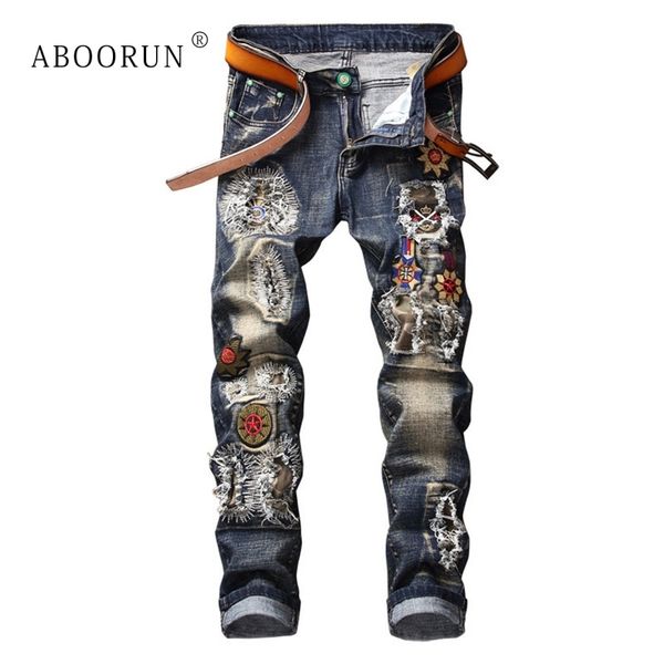 

aboorun punk men's fashion jeans flower embroidery patchwork jeans mens brand ripped denim pants x1401, Blue