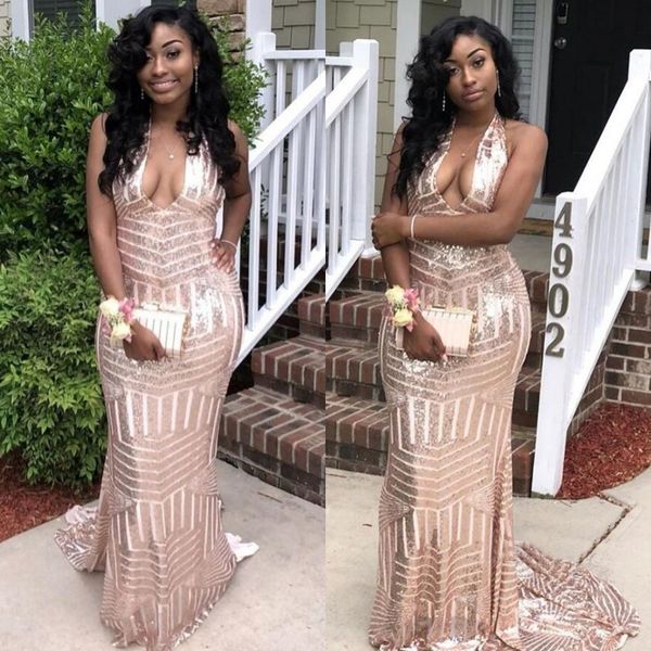 

shining halter neck sleeveless sequined mermaid prom dresses black girls v neck sweep train formal evening gown abito da sera