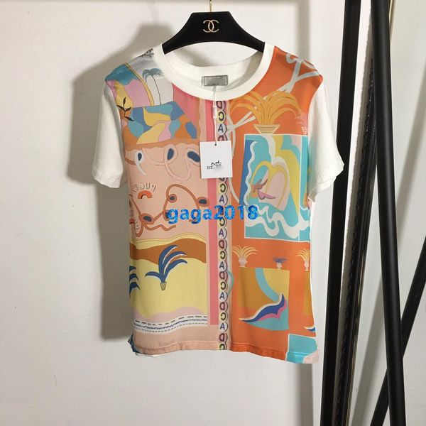 

high end женщины девушки футболка лоскутное шелковое геометрическое письмо шаблон с коротким рукавом блузка рубашка tee 20ss модный дизайн р, White