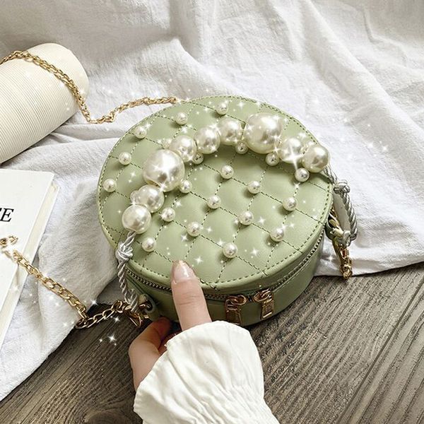 

elegant female pearl tote round bag 2019 summer new leather women's handbag chain shoulder messenger bags