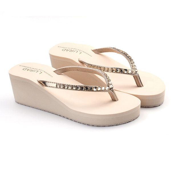 

women's summer casual rhinestone beach thick bottom non-slip flip-flops shoes with platforms crystal fashion, Black