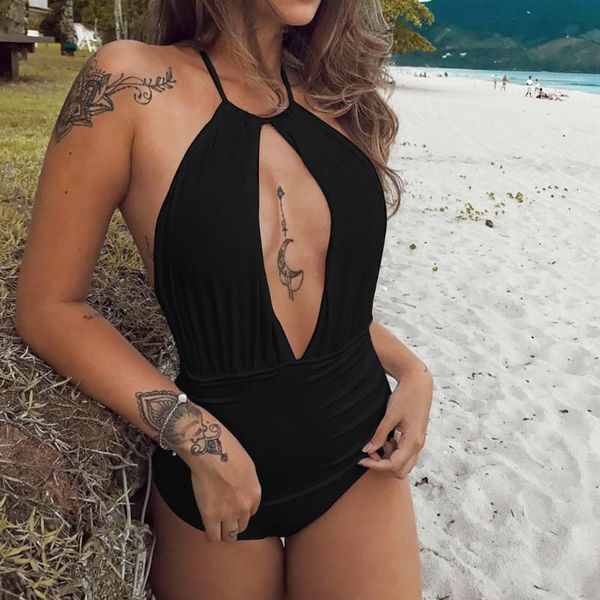 

high cut swimwear women 2019 solid one piece swimsuit female high waist monokini v-neck bathing suit swim suit black red 2