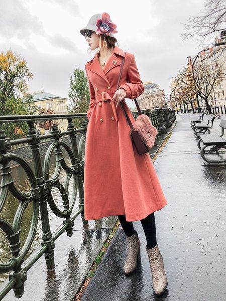 

autumn winter 2018 women's long wool coat grapefruit red large skirt solid color long sleeve turn-down collar adjustable waist, Black