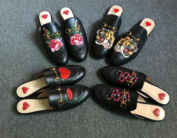 

designer luxury women summer slipper princetown slippers bees snake mules loafers genuine womens leather flats with buckle pattern l14, Black