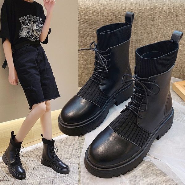 

small short boots female 2019 autumn low with wind boots thin socks and, Black
